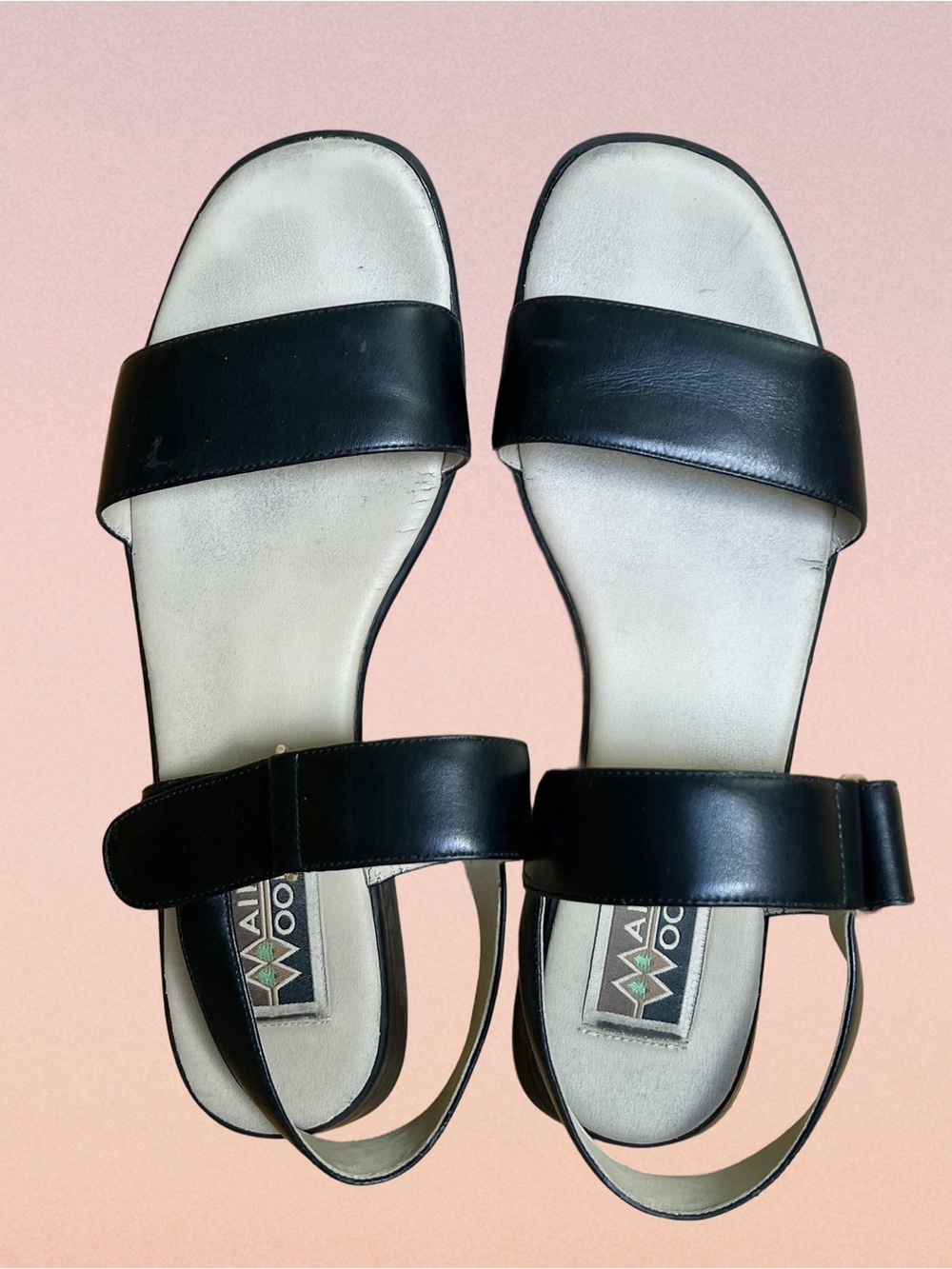 vintage Maine Woods black flat leather sandals with gold buckle, size 9